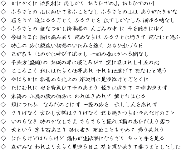 かにかくに渋民村は恋しかり おもひでの山おもひでの川 ふるさとの山に向ひて言ふことなし ふるさとの山はありがたきかな 石をもて追はるるごとくふるさとを 出でしかなしみ消ゆる時なし ふるさとの訛なつかし停車場の 人ごみの中にそを聴きにゆく 今日もまた胸に痛みあり 死ぬならばふるさとに行きて死なむと思ふ 岩手山秋はふもとの三方の 野に満つる虫を何と聴くらむ 不来方(盛岡)のお城の草に寝ころびて 空に吸はれし十五の心 はたはたときびの葉鳴れるふるさとの 軒端なつかし秋風吹けば やはらかに柳青める北上の 岸辺目に見ゆ泣けとごとくに たはむれに母を背負ひてそのあまり 軽きに泣きて三歩あゆまず 東海小島こじまの磯白砂に われ泣きぬれて蟹とたはむる 頬につたふなみだのごはず一握の 砂を示しし人を忘れず いたく錆びしピストル出でぬ砂山の 砂を指もて掘りてありしに いのちなき砂のかなしさよさらさらと 握れば指のあひだより落つ 大という字を百あまり砂に書き 死ぬことをやめて帰り来れり はたらけどはたらけど 猶わが生活楽にならざりぢっと手を見る 友がみなわれよりえらく見ゆる日よ 花を買ひ来きて妻つまとしたしむ 己が名をほのかに呼びて涙せし 十四の春にかへる術なし 